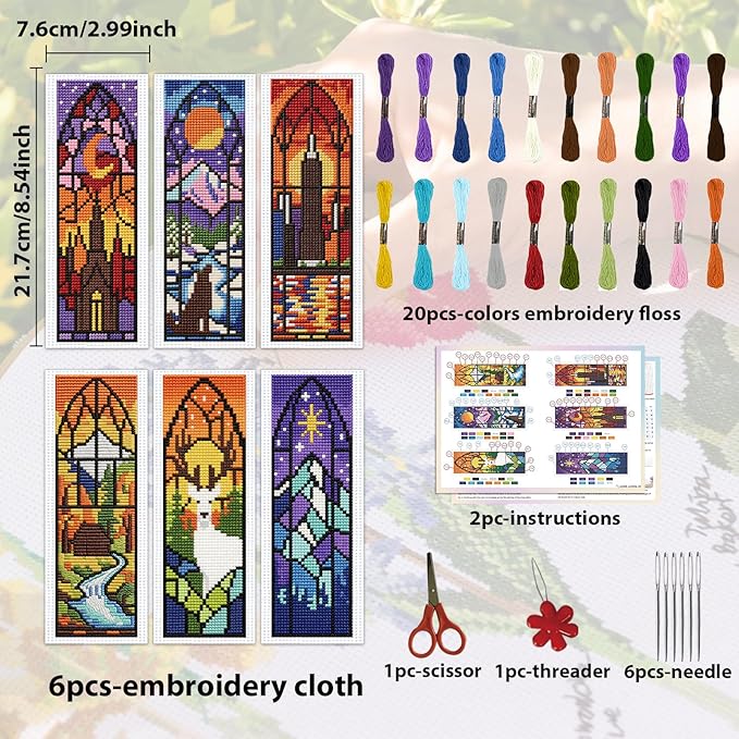 ACRNIGHEET 6PCS Cross Stitch Kits Stamped Cross Stitch Bookmark Kit for Beginner Adults Window View DIY Embroidery Bookmark Kit Needlepoint Kits with Instructions Book Lovers Craft Gift 8.5''x3'' 11CT