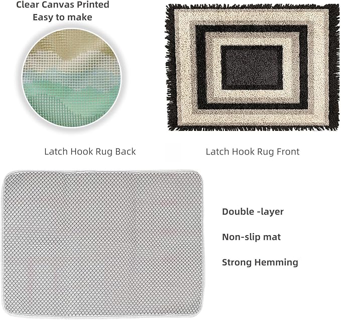Latch Hook Rug Kit Modern Black and White Geometric Border Pre-Printed Handmade Carpet Crochet Yarn Craft DIY Hook and Latch Door Mat Tapestry for Home Floor Decoration 52x38cm-2