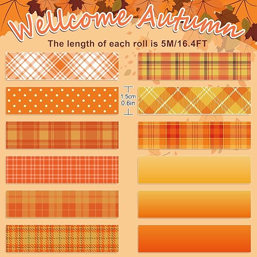 Whaline 12 Rolls Fall Plaid Washi Tapes Orange Red Buffalo Plaid Decorative Tape Autumn Solid Color Polka Dots Patterned Masking Tape for Fall Scrapbook Journal DIY Craft Gift Wrapping, 0.6Inch