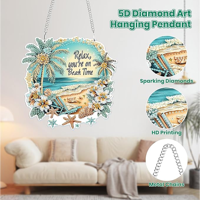 MOGTAA Beach Diamond Art Hanging Pendant Kits, 5D Special Shape Diamond Art Kits for Adults, Crystal Rhinestones Landscape Diamond Painting Gem Art for Home Garden Wall Decor