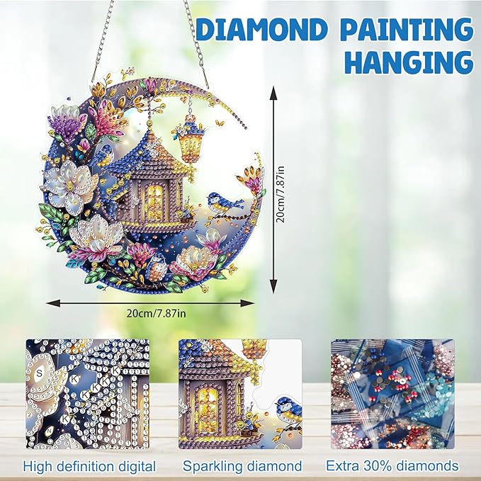 MAXBYE Diamond Art Painting Kits Hanging Flowers and Bird Pendant, DIY 5D Special Shaped House and Moon Gem Art Craft Diamond Dots for Adults and Home Window Door Decor