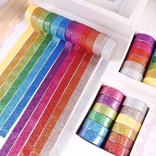 12 Rolls Glitter Washi Tape Set – 15mm Rainbow Colored Masking Tape, Sparkle Decorative Tape for DIY, Art, Scrapbook Tape, Decor & Crafts