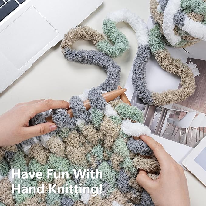 Chunky Yarn for Hand Knitting - #10 Chunky Chenille Blanket Yarn, Jumbo Big Thick Chunky Yarns for Crocheting, Tie Dye Bulky Knit Yarns, 8 Skein (25 yds 8 oz Each Skein), Cream&Sage&Grey&Khaki