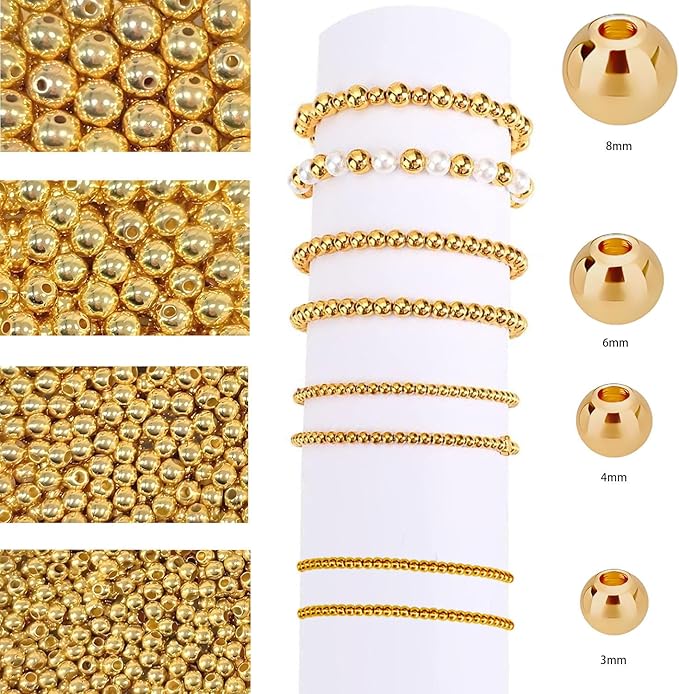 3360pcs Gold & Silver Round Spacer Beads 3/4/6/8mm 4 Size Smooth Ball Beads for Jewelry Making Metal Circle Bead for Bracelet Necklace Earring Making Supply