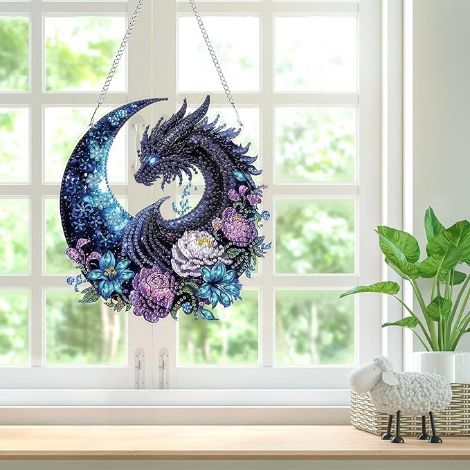 Bowetile Dragon Diamond Art Hanging Kits for Adults, 5D Special Shape Diamond Painting Flowers Pendant Kits, Gem Art Suncatchers Painting Window Ornament for Home Garden Wall Decor