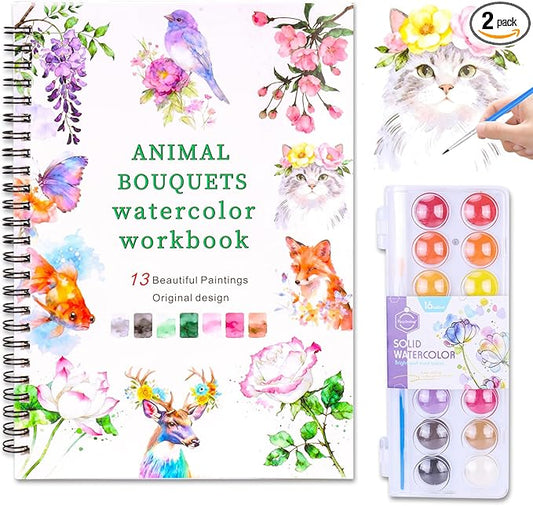 watercolor workbook - 13 Different Patterns of Original DIY Designs | water color book set| Watercolor Paint Set (including a 16-colors palette and brushes), suitable as an exploration gift for adults and teenagers (flowers & animals)