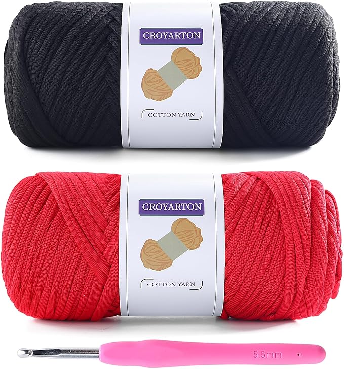 2 Pack T Shirt Yarn for Crocheting with 1 Crochet Hook, Elastic Tshirt Yarn for Crochet Bag/Baskets/Home Decor, Spaghetti Yarn Thick Knitting Yarn Total Length 130 Yds, Weight 14 Oz (Black+Red)