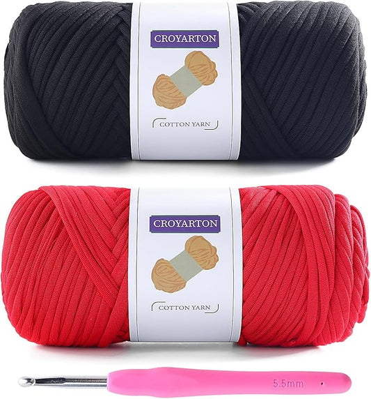 2 Pack T Shirt Yarn for Crocheting with 1 Crochet Hook, Elastic Tshirt Yarn for Crochet Bag/Baskets/Home Decor, Spaghetti Yarn Thick Knitting Yarn Total Length 130 Yds, Weight 14 Oz (Black+Red)