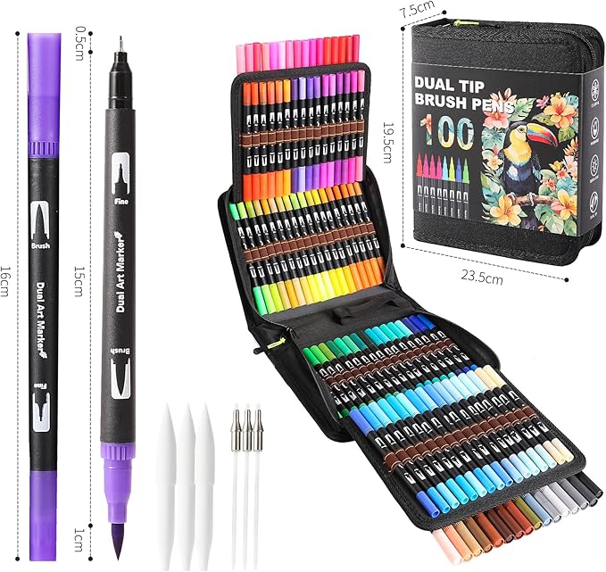 Dual Tip Markers, Brush Art Markers Set with Fine Tip and Brush Tip for Adult Coloring Book, Hand Lettering, Calligraphy & Drawing, Professional Art Supplies Kit for Adults (100 Colors)