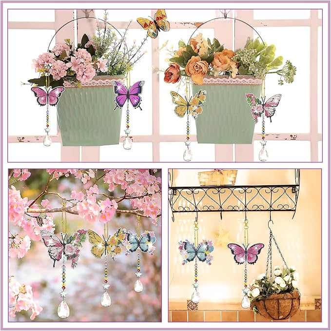 6 Pcs Diamond Painting Butterfly Wind Chimes Kits 5D DIY Crystal Diamonds Painting Suncatcher Christmas Ornament Double Sided Diamond Art Keychains Pendant Best Gifts for Mom