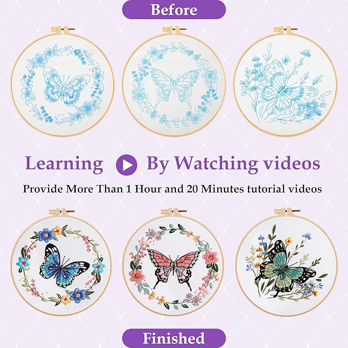 3 Sets Butterfly Flower Embroidery Kit for Beginners, Cross Stitch Practice Kits for Craft Lover with Pre-Stamped Patterns, 7.8-Inch Hoop, Threads, Needles, Step-by-Step Guide & Video, Needlepoint Kit