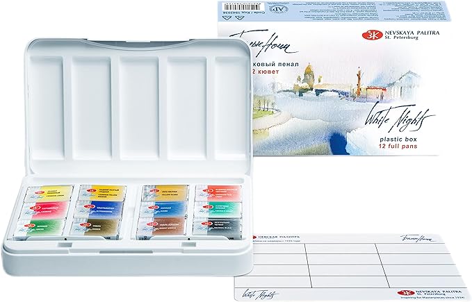 White Nights Professional Watercolor Set – 12 Full Pans of Extra Fine Artist-Grade Pigments, Vibrant Lightfast Colors, Portable Durable Plastic Box by Nevskaya Palitra