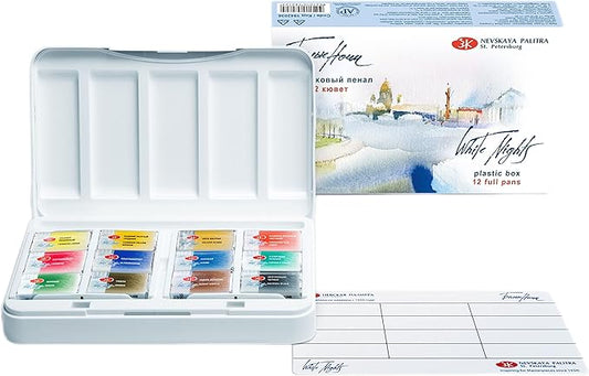 White Nights Professional Watercolor Set – 12 Full Pans of Extra Fine Artist-Grade Pigments, Vibrant Lightfast Colors, Portable Durable Plastic Box by Nevskaya Palitra