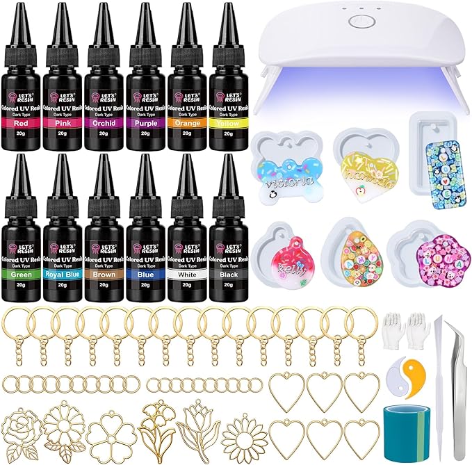 LET'S RESIN All-Inclusive Keychain Making Kit, 12-Color UV Resin with Keychain Molds Silicone, UV Light, 6 Styles Flower and Heart Open Bezels for Resin, Jewelry Making Kit for Beginners, Craft Decor