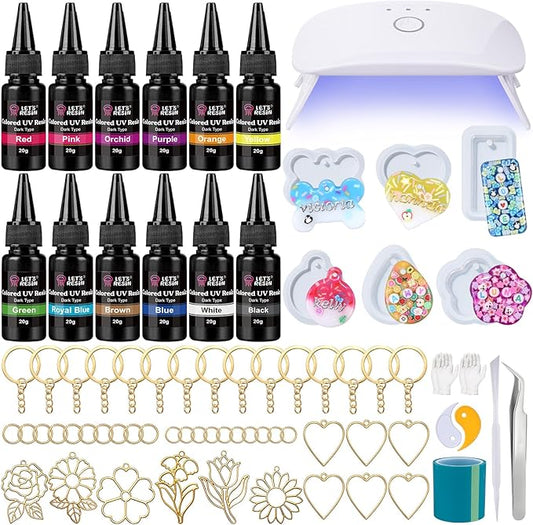 LET'S RESIN All-Inclusive Keychain Making Kit, 12-Color UV Resin with Keychain Molds Silicone, UV Light, 6 Styles Flower and Heart Open Bezels for Resin, Jewelry Making Kit for Beginners, Craft Decor