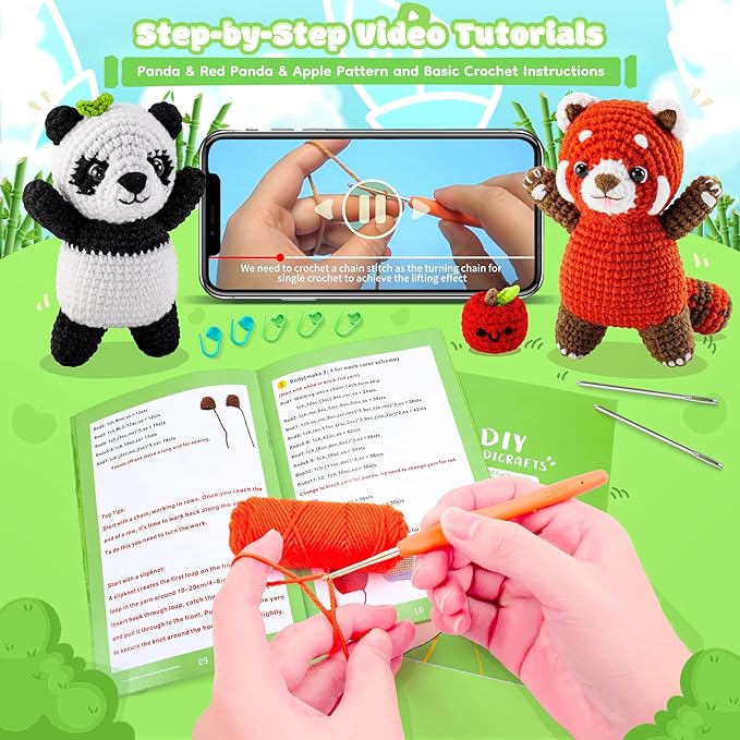Crochet Kit for Beginners - 2PCS White and Red Panda Crochet Animal Kit with Step-by-Step Video Tutorials, Apple Crocheting Kit, Crochet Starter Kit for Adults, Beginners Knitting Kit for Birthday