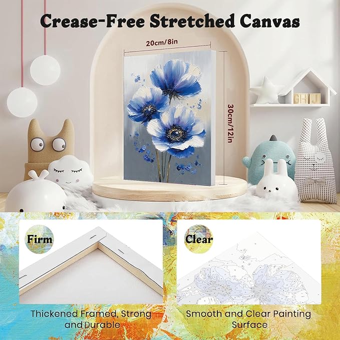 Easy Flower Paint by Numbers for Adults with Framed Canvas - with Wooden Easel, Flowers Paint by Number for Beginners, DIY Acrylic Oil Painting on Canvas with Brushes for Home Wall Decor (8x12 inch)