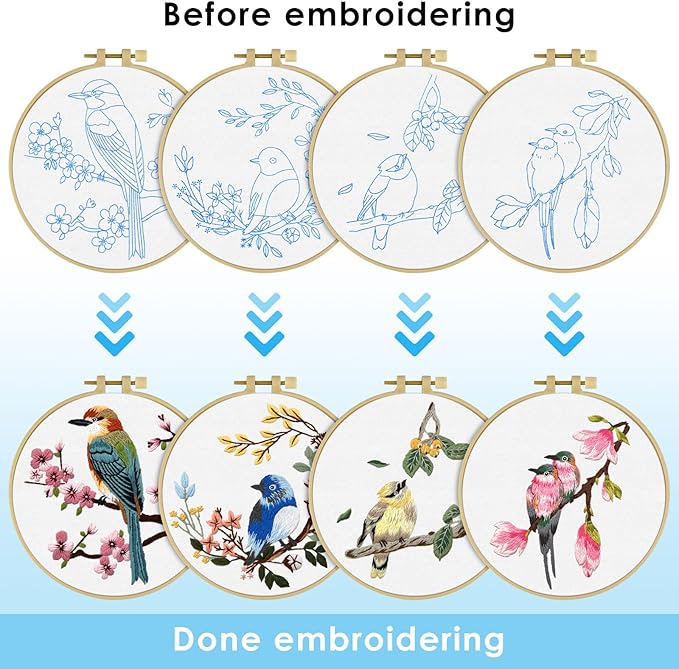 ERKOON 4 Sets Embroidery Kit for Beginners,Hummingbird and Flower Cross Stitch Set for Include Embroidery Cloth Hoops Threads for Craft Lover Hand Stitch (Flowers and Birds)