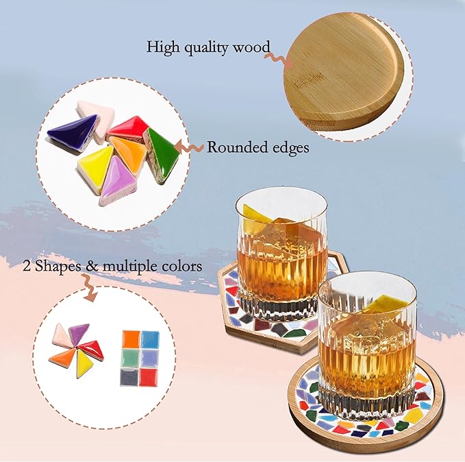 Nuyoach DIY Mosaic Coaster Kits for Adults Craft,2 Sets Ceramic Arts and Crafts Tile Kit with Wooden Coasters,Glass Mosaic Adult Craft Kits for Women Seniors Handmade Gifts Home Decor