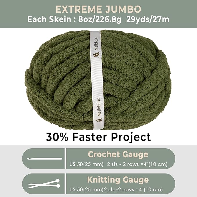 Jumbo Chunky Yarn for Hand Knitting - Super Thick Chenille Chunky Yarn for Crocheting - Extra Soft Bulky Fluffy Blanket Big Yarns 8 Jumbo Pack (27yds,8 oz Each Skein) Olive Green