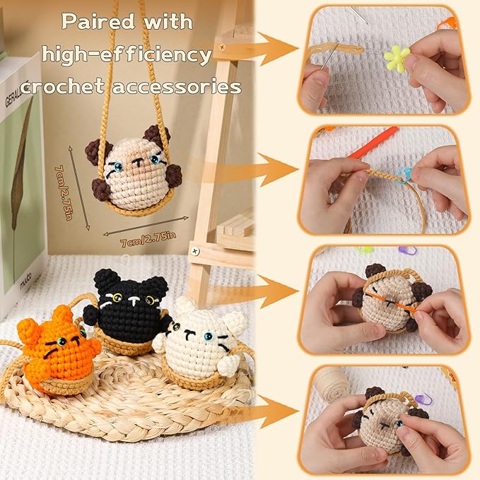 Kogyxe Crochet Kit for Beginners, Crochet Animal Kit for Decoration Car Hanging Ornament, Cat Knitting Kit with Yarn Crochet Hook, Crochet Starter Kit with Step-by-Step Video Tutorials