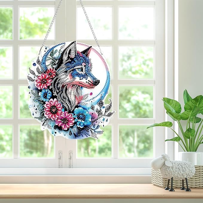 Bowetile Wolf Diamond Art Hanging Kits for Adults, 5D Special Shape Diamond Painting Flowers Pendant Kits, Gem Art Suncatchers Painting Window Ornament for Home Garden Wall Decor