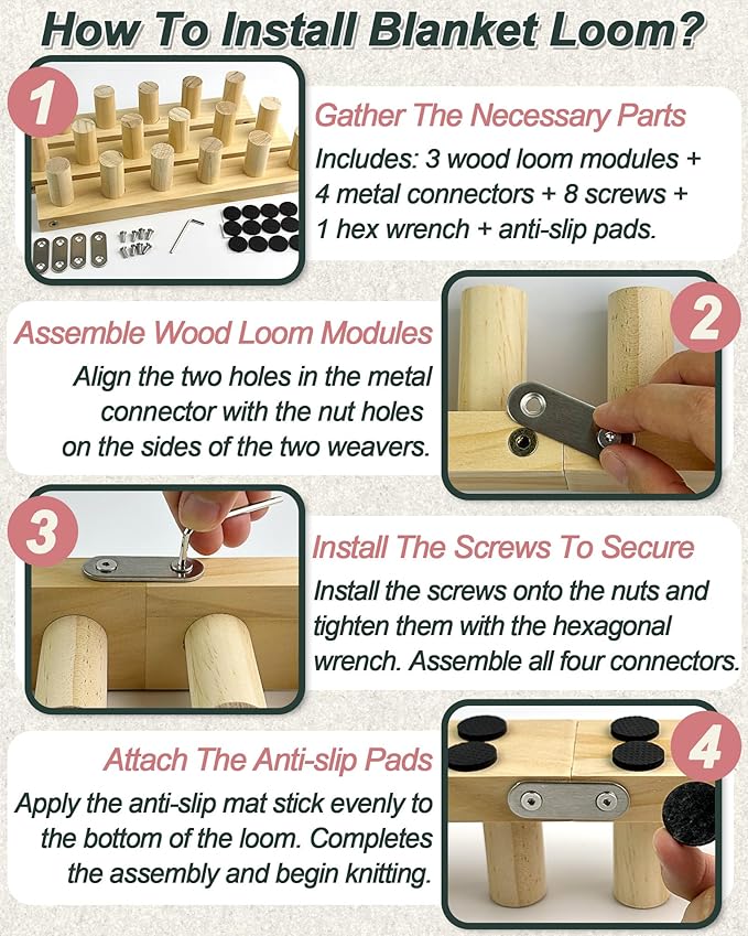 Chunky Blanket Loom Knitting Set, 1PCS Refill Chunky Yarn Blanket Knit Loom with Anti-Slip Pads, 13in/33cm Wooden Loom for Chunky Blanket, Chunky Knit Blanket Crochet Loom for Beginners