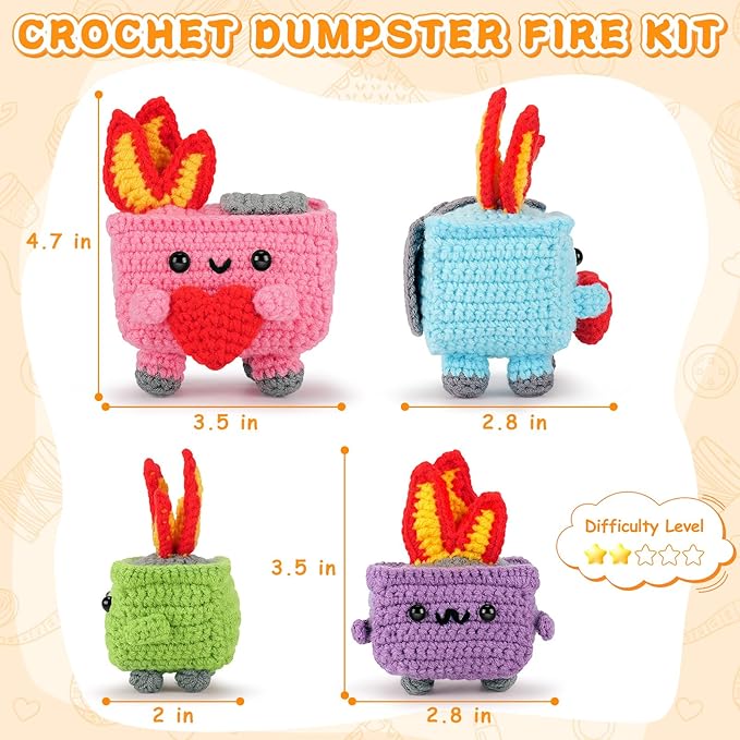crochet kit for beginners, 4pcs dumpster fire crochet starter kit with step-by-step video tutorials, emotional positive support beginner crochet kits for adults women, funny crochet gifts valentine