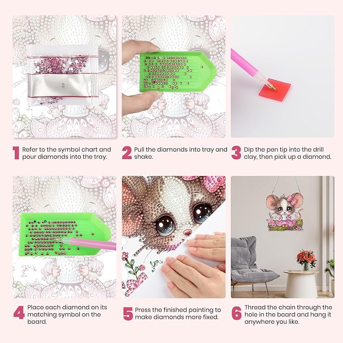 MXJSUA Cute Mouse Diamond Art Hanging Kits for Adults Beginners, DIY Acrylic Special Shaped Crystal Diamond Gem Drills Pendant Art Painting Ornament for Home Wall Decor Gift