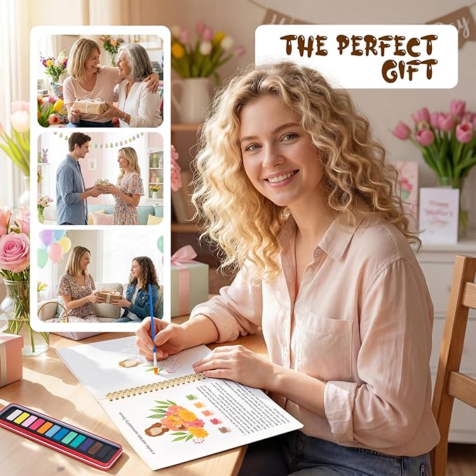Mother's Day Watercolor Workbook for Adults, Beginner Friendly Watercolor Painting Kit Water Coloring Book, Nature-Themed Practice Art Gift Water Color Paint Book with Palette and Brush