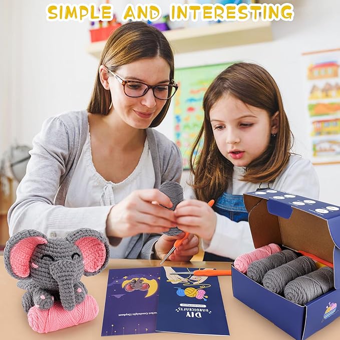 Fortuning's JDS Crochet Kit for Beginners - Elephant Crochet Kits with Step-by-Step Video Tutorials, Beginner Crochet Kit for Adults, Crochet Animal Kit, Goodnight Elephant Crocheting Set (Grey)