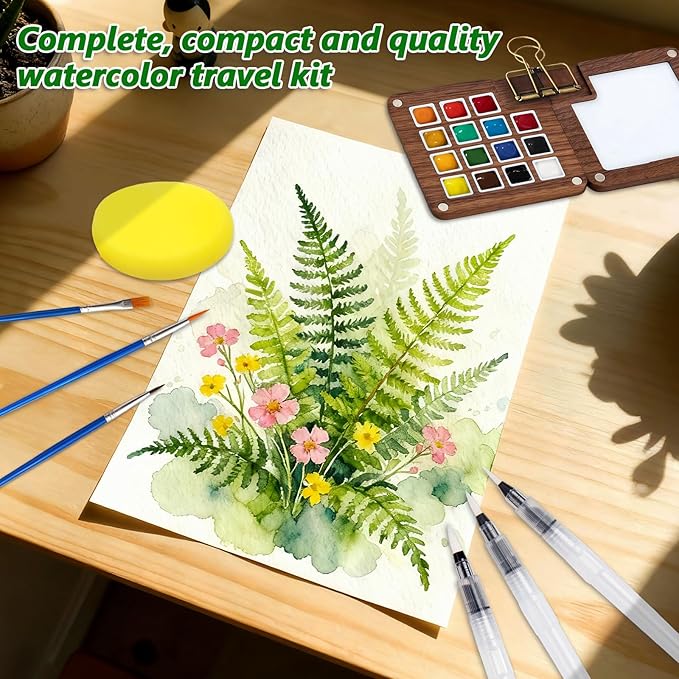 Esoes Mini Paint Palette Watercolor Kit, Travel Water Color Paint Set, Small Portable Pocket Mini Watercolor Set with Colors, Bind Clips, Brush, Sketchbook for Painters Beginners