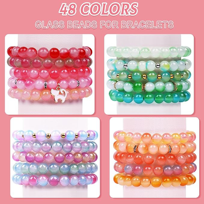 Wuollgess 1700Pcs 8mm Glass Beads for Jewelry Making, 48 Colors Crystal Beads for Bracelet Making Kit Round Beads DIY Craft for Teen Adults, 2 Box