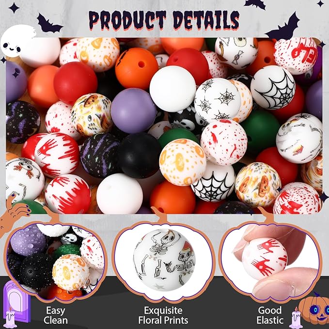 Ferreve 120 Pcs 15mm Silicone Beads Bulk Silicone Beads Print Rubber DIY Bracelet Making Kit for Keychain Making Pens Necklace Jewelry(Halloween)