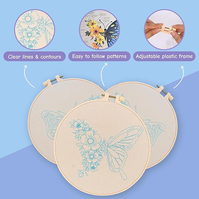 Butterfly Embroidery Kit for Beginners – DIY Embroidery Set with 3 Hoops, Colorful Stamped Patterns, Needles, Thread, Scissors – Hand Embroidery Kit for Adults, Teens, Women – Easy Cross Stitch Craft