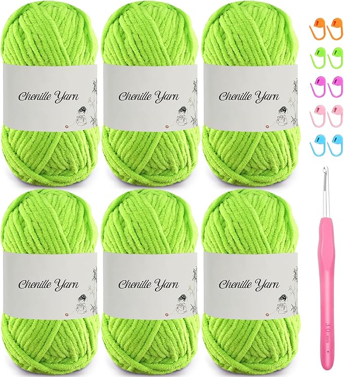 SIMEIQI 6 Pack of 1.76oz Chenille Yarn for Crocheting,60yards Soft Fluffy Velvet Yarn, Ideal Crochet for DIY Baby Blankets Toys Scarves Throw Pillows Hats Cushions(Grass Green)