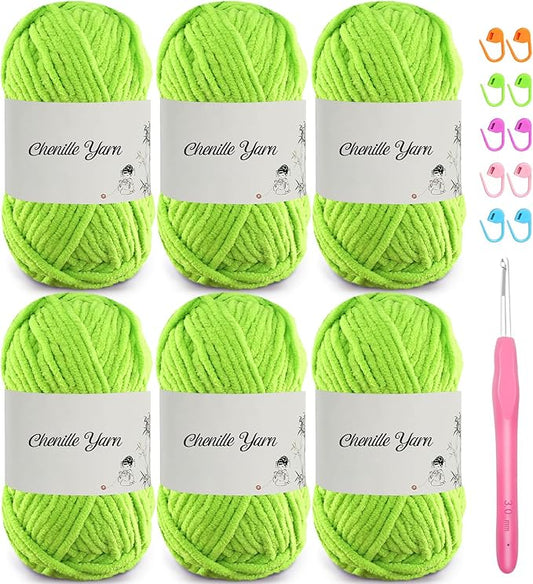 SIMEIQI 6 Pack of 1.76oz Chenille Yarn for Crocheting,60yards Soft Fluffy Velvet Yarn, Ideal Crochet for DIY Baby Blankets Toys Scarves Throw Pillows Hats Cushions(Grass Green)