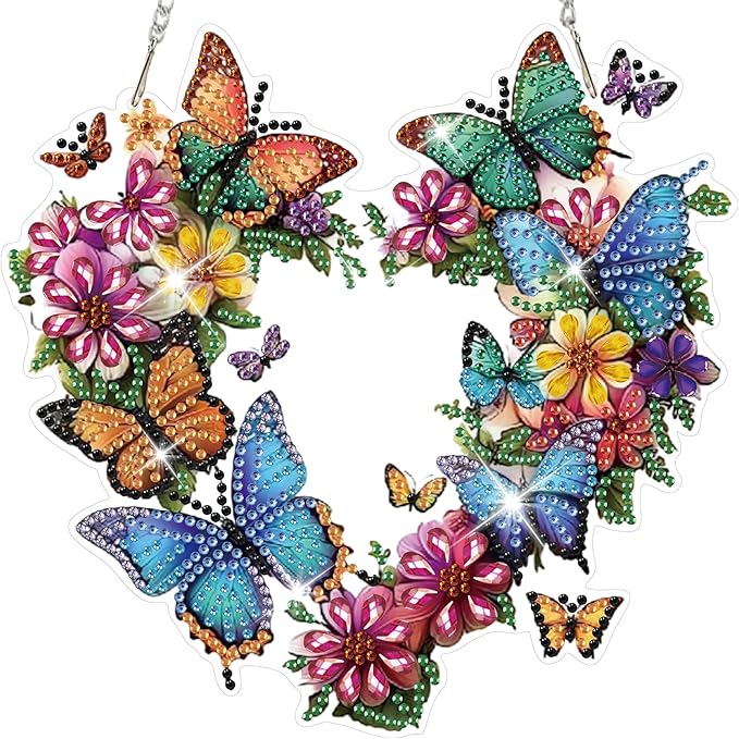 HEIBAGO Diamond Art Hanging Kits for Adults Kids, Hanging Diamond Art Butterfly, 5D Special Shaped Crystal Diamond Painting Kit Flower, DIY Pattern Window Pendant for Home Wall Decor 8.3x8.3Inch