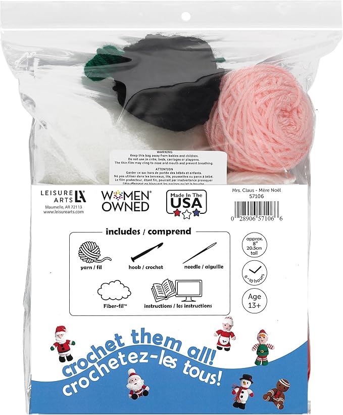 LEISURE ARTS Crochet Friend Kit, Mrs. Claus, 8", Complete Crochet Kit, Learn to Animal Starter Kit for All Ages, Includes Instructions, DIY Amigurumi Kits
