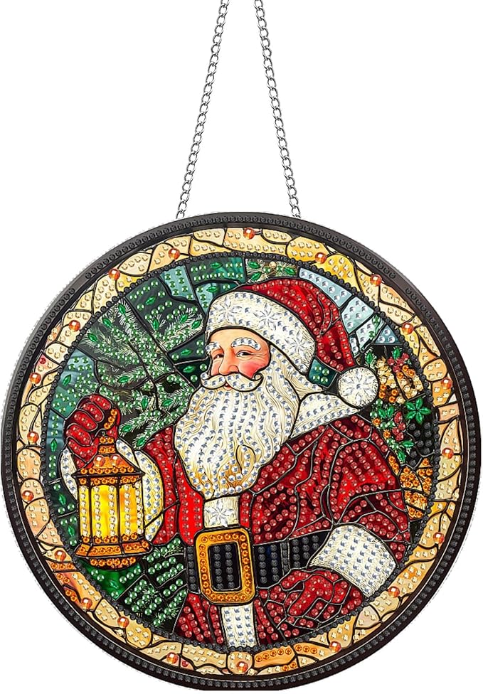 Pavemlo Hanging Diamond Art Kits for Adults Christmas Santa Claus – 8x8 Inch Double-Sided Acrylic Board DIY Crystal Diamond Suncatcher Pendant, Sparkling Home Wall or Window Decoration Handmade Gift