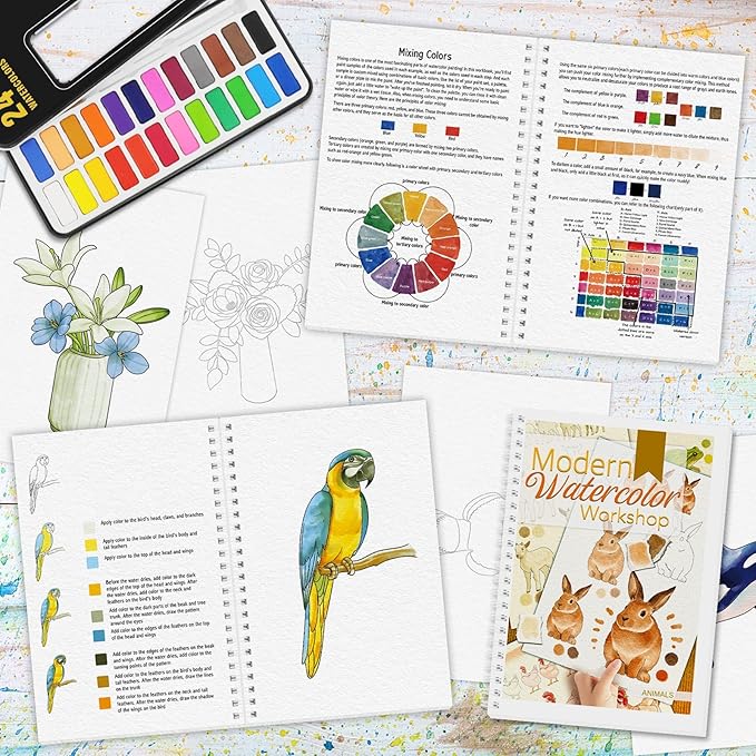 3Pcs Watercolor Workbook Paint Book Beginner Friendly Painting Kit, 36 Pages Workbooks with 24 Paint Colors & Brush for Beginners, Stress-Relieving Gift for Women Adults (Bouquet&Animals&Birds)