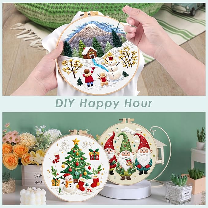 ERKOON Embroidery Kit for Beginners, 5 Sets Christmas Cross Stitch Set for Adults Include Embroidery Cloth Hoops Threads for Craft Lover Hand Stitch with Skill Techniques (Christmas#2)