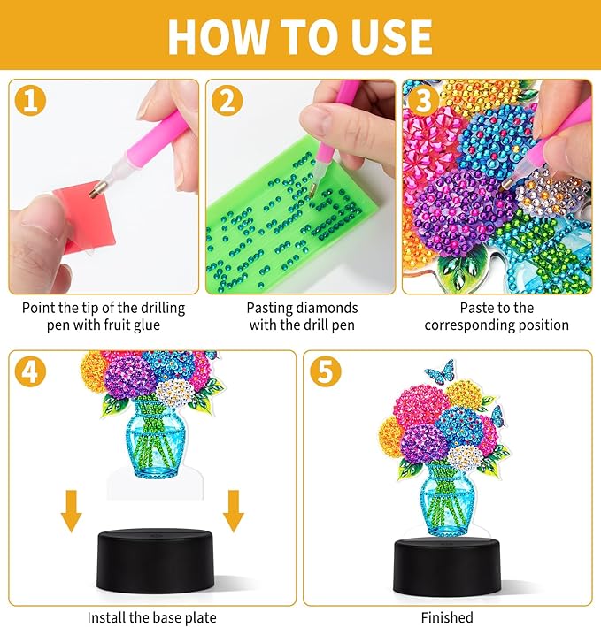 ALKALO Diamond Painting Night Light, Diamond Painting Kits for Adults Desktop Ornaments for Table Tabletop Decor Diamond Art Accessories for Adult Beginner Touch Lamp for Bedrooms Living Room- Flowers