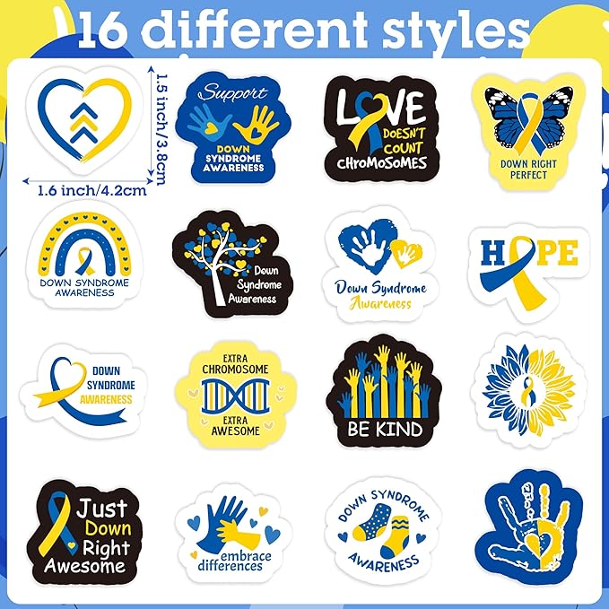 beyumi down syndrome awareness sticker - 1000pcs down syndrome awareness stickers in 2 rolls waterproof vinyl blue yellow ribbon decals school event campaign laptop bottle luggage decor for kids teens