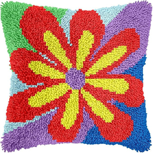 Manzapu Latch Hook Pillow Kits for Adults Beginner 17x17 inch - 43x43 cm Cute Small Shaggy Pillow Making Kits with Pre-Cut Yarn, Coded Canvas ＆ Crochet Hook Tool - Relaxing DIY Craft Gift