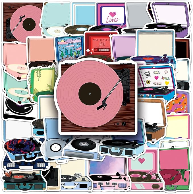 Retro Record Player Stickers for Scrapbooking,50 Pcs Vintage Vinyl Player Decals, Waterproof Vinyl Stickers for Journals, Laptops, Home Decor, Ideal for Music Lovers Adults(Record Player)