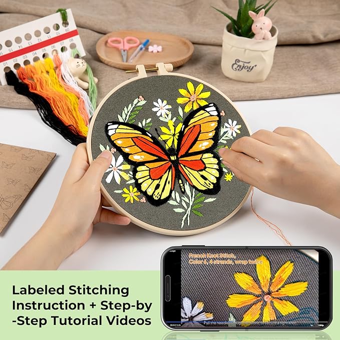 htvront embroidery kit for beginners, butterfly embroidery kits with step-by-step video tutorials only 6 stitches, beginner embroidery kit for adult, needlepoint kits for adults with stamped patterns