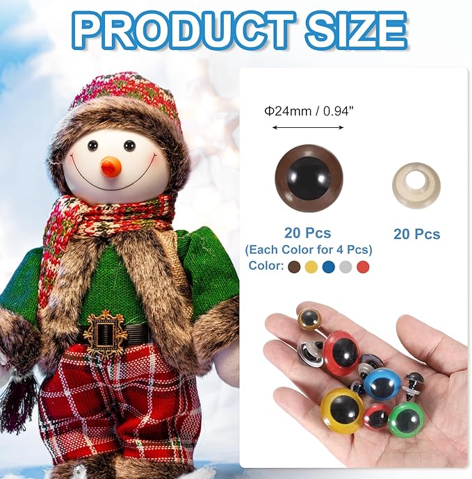PATIKIL 24mm Safety Eyes, 20Pcs Realistic Doll Crocheting Safety Eyes with Washers for Decor Crochet Accessories Dolls Craft Halloween, Brown/Blue/Clear/Red/Yellow