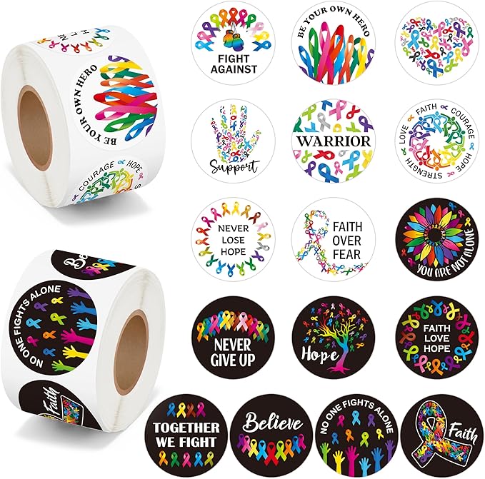 beyumi cancer awareness roll stickers - 1000pcs cancer awareness stickers in 2 rolls waterproof vinyl colorful ribbon round decals laptop bottle notebook luggage gift oncology nurse women decor