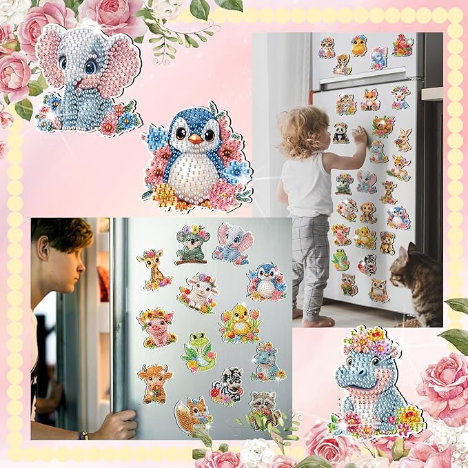 Xuhal 30 Pcs Spring Animal Diamond Painting Magnets Watercolor Flower Animal Diamond Art Magnet Kits for Adults 5D Rhinestone Elephant Tiger Refrigerator Magnetic Sticker for DIY Crafts Fridge Gifts